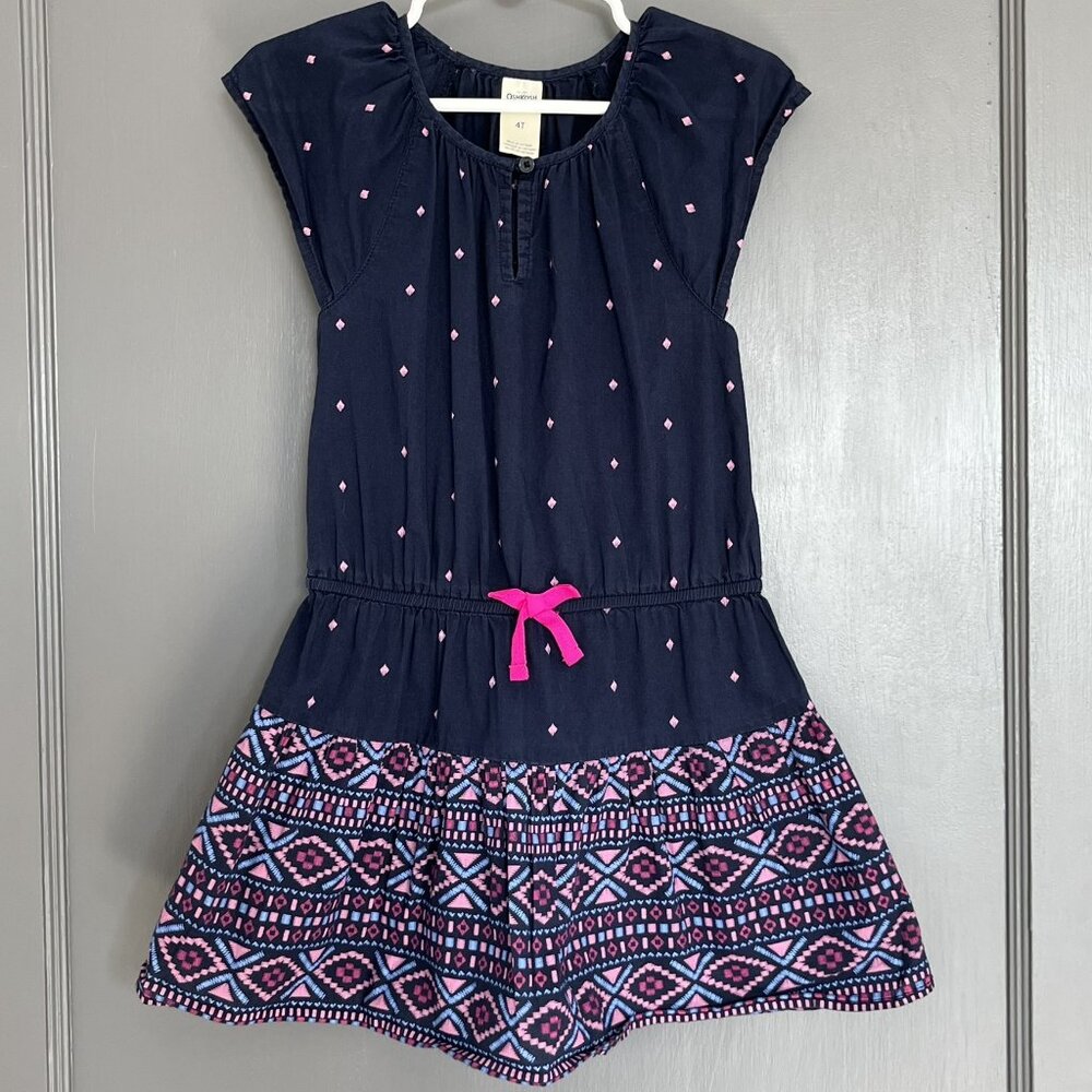 Oshkosh B'Gosh Navy Blue & Purple Girls Dress 4T 100% Cotton Geometric Print Bow